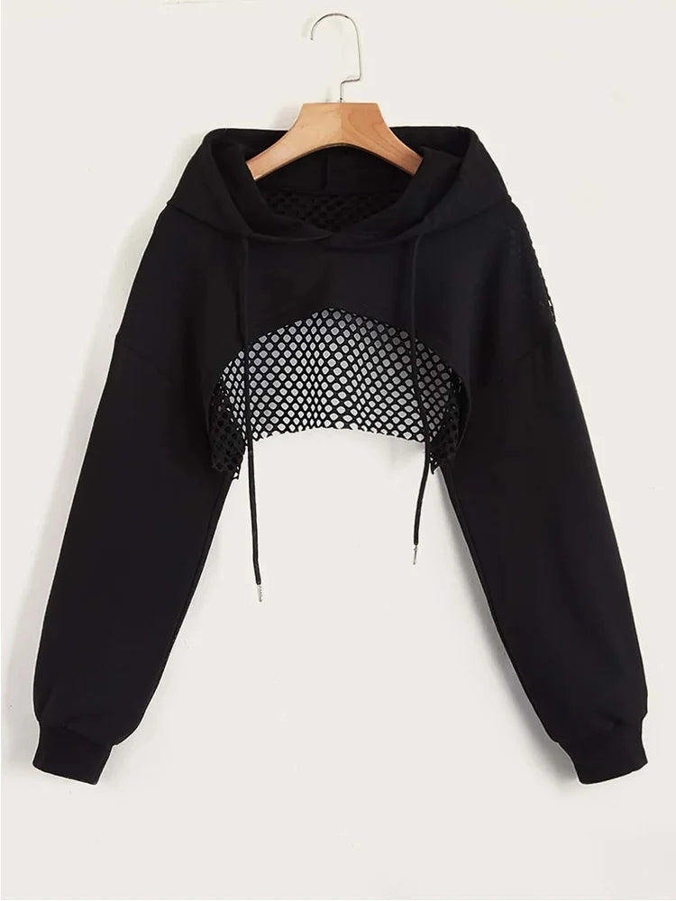 Street Sport Drop Shoulder Drawstring Hollow Out Super Crop Sports Hoodie Without Cami Top