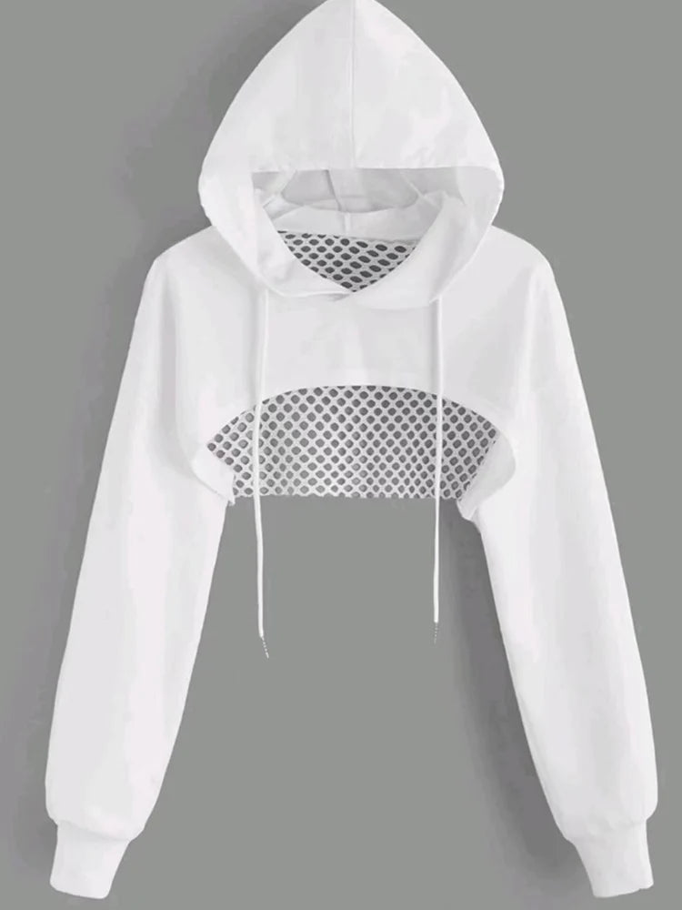 Street Sport Drop Shoulder Drawstring Hollow Out Super Crop Sports Hoodie Without Cami Top